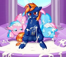 2015 absurd_res aloe_(mlp) animal_genitalia animal_penis balls blue_hair chest_tuft closed_eyes cum cum_bath cum_on_back cum_on_face cum_on_self earth_pony equine equine_penis erection eyeshadow fan_character fearingfun female feral friendship_is_magic group hair half-closed_eyes headband highres horn horse horsecock inside looking_at_viewer lotus_blossom makeup male mammal messy my_little_pony penis pink_hair pony sibling sisters sitting smile straight tuft unicorn