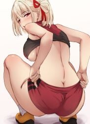 absurdres ass blonde_hair blush breasts buruma commentary_request female from_behind highres large_breasts looking_at_viewer lycoris_recoil nishikigi_chisato nyarumon red_buruma red_eyes shoes short_hair simple_background socks solo squatting textless_version thighs variant_set white_background white_socks yellow_shoes