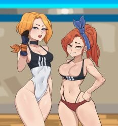 athletic athletic_female athletic_wear blonde-haired_female blonde_female blonde_hair blonde_hair_female blue_eyes ginger ginger_female ginger_hair him hyyun_ho june_(hyyun) june_(hyyun_ho) looking_at_viewer one_piece_swimsuit red_hair smiling_at_viewer tay_(hyyun) tayisia yellow_eyes