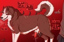 animal_genitalia animal_penis balls black_balls blush blush_lines bodily_fluids border_collie bulge canid canid_demon canine canine_genitalia canine_penis canis collie demon detailed_bulge dialogue domestic_dog duo feral feral_temptation floppy_ears genital_fluids genital_outline genitals hellhound herding_dog horn human knot male male/male mammal musk musk_cloud musky_balls musky_penis mythological_canine mythological_creature mythology one_eye_closed parooty pastoral_dog penis raised_tail red_background red_eyes roxel_(parooty) scar sheath sheath_outline sheepdog side_view simple_background smile spikes succubus tail talking_feral vein veiny_knot veiny_penis wink winking_at_another