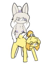 animal_crossing anthro bell canine eye_patch eyewear female hair hair_bun isabelle_(animal_crossing) lagomorph mammal multi_nipple nintendo nipples piebunny rabbit scared video_games