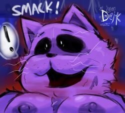 anthro breasts catnap_(poppy_playtime) critters_(poppy_playtime) dark_eyes digital_media_(artwork) domestic_cat exclamation_point felid feline felis fluffy fur hi_res male mammal mob_entertainment nipples no_humans onomatopoeia open_mouth poppy_playtime purple_body purple_fur purple_nipples simple_background smack smile smiling_critters solo sound_effects speech_bubble surprised text ugly-rat15508 whiskers