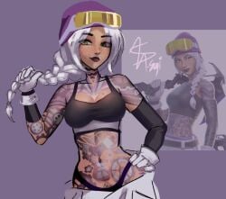 1girls 2d 2d_(artwork) asa_suji bra braid braided_hair elite_jules_(fortnite) female female_only fortnite fortnite:_battle_royale freckles green_eyes happy_trail human jules_(fortnite) long_hair nose_piercing panties piercing pose posing pubic_hair_peek revealing_clothes septum_piercing septum_ring solo solo_female sports_bra sportswear tan_body tattoo tattoos tattoos_everywhere thigh_focus thong thong_straps tight_clothing wide_hips