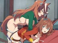 2girls animal_ears black-framed_eyewear blue_bow blue_eyes blue_panties bow breasts brown_hair clothes_lift clothes_pull commentary ear_bow eufoniuz from_behind fucked_from_behind futa_on_female futa_with_female futanari glasses grabbing_another's_breast grabbing_from_behind green_shirt groping highres horse_ears implied_futanari long_hair long_sleeves maruzensky_(formula_r)_(umamusume) maruzensky_(umamusume) medium_breasts multiple_girls nipples open_mouth over-rim_eyewear panties pants pants_pull panty_pull red_shirt semi-rimless_eyewear sex sex_from_behind shirt shirt_lift subscribestar_username symboli_rudolf_(casual)_(umamusume) symboli_rudolf_(umamusume) umamusume underwear untranslatable_commentary white_pants yuri