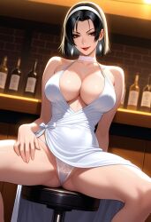 1girls ai_generated bar_(place) black_hair dress exposed_pussy female female_only flashing_pussy kazama_jun looking_at_viewer no_panties pussy shiny_hair shiny_skin short_hair smile spread_legs tagme tekken