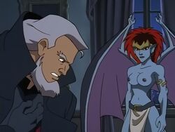 big_breasts breasts brown_eyes demona disney earrings edit female gargoyle gargoyles grey_hair human lipstick long_hair macbeth_(gargoyles) male night nipples red_hair tagme teeth topless window wings