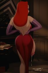 1futa accurate_art_style after_ejaculation ai_generated cum cum_on_floor disney eyeshadow from_behind futanari green_eyes jessica_rabbit orange_hair penis penis_out post_orgasm rear_view red_dress solo solo_futa who_framed_roger_rabbit