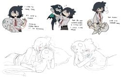 >_o 2026 :3 ;p ambiguous_gender ambiguous_human bed_sheet bedding belt black_belt black_hair blush bodily_fluids bottomwear breath brown_bottomwear brown_clothing brown_pants character_plushie clothed clothed_ambiguous clothed_human clothing comic cotton dialogue digital_drawing_(artwork) digital_media_(artwork) dot_eyes drooling english_text firealpaca_(artwork) fraid_(species) fully_clothed fully_clothed_ambiguous fully_clothed_human grey_clothing grey_shirt grey_topwear grinding group hair hi_res holding_needle holding_sewing_needle human infatuation jejejunum mammal masturbation multiple_angles necktie nervous nervous_look nervous_smile nervous_sweat nethermare one_eye_closed open_mouth open_smile orange_eyes pants pillow plushie plushie_humping plushophilia pubes pupils red_necktie red_string ribs robin_(jejejunum) saliva secret_(jejejunum) sewing_needle shirt short_hair simple_eyes small_pupils smile solid_circle_eyes sweat sweatdrop text tongue tongue_out topwear whisper_(jejejunum)