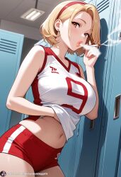 ai_generated big_breasts big_lips blowing_smoke cigarette cigarette_in_hand cigarette_smoke pov_eye_contact seductive seductive_eyes seductive_look seductive_mouth sexy smoke_from_mouth smoking smoking_cigarette smoking_fetish soccer solo_female sports_uniform sportswear sporty volleyball_uniform