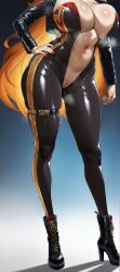ai_generated black_footwear bodysuit boots breasts cleavage clsqw explicit female genshin_impact gradient gradient_background hand_on_hip head_out_of_frame high_heel_boots high_heels jacket large_breasts long_hair mavuika_(genshin_impact) multicolored_hair navel open_clothes orange_hair pussy questionable red_nails solo standing sweat thigh_strap very_long_hair zipper