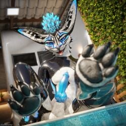 1:1 3d_(artwork) 4k absurd_res animal_genitalia animal_penis anthro anthro_on_anthro armwear balls biped black_body black_fur blender_(artwork) blender_cycles_(artwork) blue_body blue_fur blue_penis canid canine canine_genitalia canine_penis canis claws clothing depth_of_field digital_media_(artwork) dominant dragonplayer dragonplayer_(character) erection feet foot_fetish foot_play fox fur genitals grey_body grey_fur hair hi_res hindpaw hybrid inside jex knot latex latex_armwear latex_clothing latex_cuffs latex_legwear latex_thigh_highs legwear male mammal multicolored_body on_ground open_mouth paws penis reflection rexouium sitting sitting_on_ground slim slim_anthro slim_male slim_sub smile solo submissive submissive_male swimming_pool tail teasing teasing_viewer teasing_with_feet thigh_highs tongue tongue_out white_body white_fur