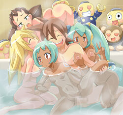 4girls aqua_hair areolae blonde_hair blush breasts brown_eyes brown_hair censored dark_skin green_eyes long_hair medium_breasts mega_man mega_man_legends mega_man_volnutt multiple_girls navel nipples nude open_mouth roll_caskett rollin_thunder sample sera_(mega_man_legends) servbot sex short_hair small_breasts smile tongue tongue_out tron_bonne vaginal_penetration yuna_(mega_man_legends)