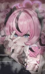 1boy absurdres angels_of_delusion aria_(discordant_note)_(zenless_zone_zero) aria_(zenless_zone_zero) aria_(zenless_zone_zero)_(human_form) black_bridal_gauntlets black_hair black_streaks blue_eyes blue_jacket blush bridal_gauntlets collarbone commentary crossed_bangs english_commentary erection fellatio female grabbing_another's_penis hair_between_eyes highres holding holding_phone jacket livestream looking_at_viewer multicolored_hair official_alternate_costume oral osukareen penis phone pink_hair pov pov_crotch quad_tails star-shaped_pupils star_(symbol) steaming_body streaked_hair sweat symbol-shaped_pupils uncensored v wise_(zenless_zone_zero) zenless_zone_zero