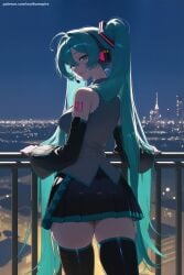 1girl ahoge ai_generated aqua_eyes aqua_hair bare_shoulders black_legwear blue_eyes cowboy_shot detached_sleeves from_behind grey_shirt hatsune_miku headphones headset hi_res high_quality high_resolution long_hair looking_at_viewer looking_back patreon railing seductive sexy shirt shoulder_tattoo skirt sleeveless sleeveless_shirt solo standing tattoo thighhighs twintails uncensored very_long_hair vocaloid watermark zettai_ryouiki