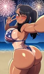 4th_of_july abs absurd_res ai_generated asian_female ass_cleavage bangs beach beach_background big_breasts bikini blush blushing brown_eyes bubble_butt cute dark-skinned_female fireworks flag_bikini flag_print hairclip hayase_nagatoro highres huge_breasts large_breasts looking_at_viewer navel ocean peace_sign pigtails please_don't_bully_me,_nagatoro selfie shiny_skin shortstack smirk tan_body tanlines tanned thick_ass thick_thighs tongue_out wink