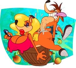 ass bandicoot big_breasts bimbo blonde_hair bottomless breasts crash_bandicoot crash_bandicoot_(series) crate creampie cum cum_on_ass disinterested_sex doggy_style erect_nipples_under_clothes female hair_over_one_eye long_blonde_hair long_hair male mammal marsupial phone rubberskunktoo sex tawna_bandicoot video_games wumpa_fruit