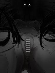 absurdres anus ass_visible_through_thighs breasts censored commentary_request fat_mons female from_below greyscale highres horror_(theme) long_hair looking_at_viewer looking_down mandela_catalogue medium_breasts monochrome nude pasties pov pussy rune7724 shaded_face short_pov solo thigh_gap very_long_hair
