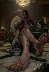 3d black_pupils blood_in_mouth blood_on_hand blood_stain covered_in_blood crossed_legs feet foot_fetish grey-skinned_female grey_body grey_skin hallway heart_gesture hearts kitsil light_hair pale-skinned_female pale_skin pose posing posing_for_the_viewer resident_evil resident_evil_9:_requiem selena_corey sitting sitting_on_floor smile smiling smiling_at_viewer soles_fetish sweating undead undead_female white_dress white_hair white_iris zombie zombie_girl