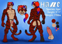 anthro athletic athletic_anthro athletic_male balls black_claws blue_hair butt claws digitigrade ear_piercing ear_ring erection facial_markings felid front_view fur genitals hair hane_w_maxwell_(hane) head_markings hufnaar long_hair male male_anthro male_only mammal markings model_sheet mouth_closed multicolored_hair nude open_mouth pantherine piercing ponytail rear_view red_body red_eyes red_fur red_hair ring_piercing simple_background solo standing striped_arms striped_face striped_legs striped_markings striped_tail stripes tail tail_markings tan_balls tan_body tan_fur tiger toe_claws two_tone_hair