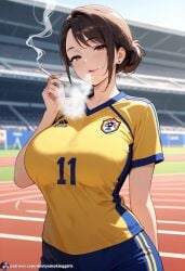 ai_generated big_breasts big_lips blowing_smoke cigarette cigarette_in_hand cigarette_smoke pov_eye_contact seductive seductive_eyes seductive_look seductive_mouth sexy smoke_from_mouth smoking smoking_cigarette smoking_fetish soccer soccer_uniform solo_female sports_uniform sportswear sporty