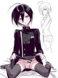 1boy ahoge bar_censor black_jacket black_thighhighs blush censored closed_mouth clothes_lift commentary crossdressing crossdressing_(mtf) danganronpa_(series) danganronpa_v3:_killing_harmony english_commentary green_eyes green_skirt hair_between_eyes highres jacket kikinotamai lifting_own_clothes looking_at_viewer male_focus multiple_views panties penis penis_in_panties penis_peek saihara_shuichi short_hair simple_background sitting skirt skirt_lift thighhighs trap underwear wariza white_background white_panties