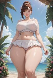1girls ai_assisted ai_generated bangs beach belly_button bikini brown_hair cameltoe cleavage eyelashes female flower_in_hair flowers frilled_bikini frilled_bra frilled_skirt frills from_below grok hair_bun hair_tie large_breasts light-skinned_female microskirt midriff narrow_waist ocean ocean_background rgomez007 seductive_look self_upload skindentation smiling_at_viewer solo_female stable_diffusion standing swimsuit thick_lips thick_thighs tropical updo voluptuous warm_lighting white_clothing wide_hips