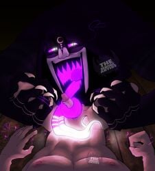 claws dick gay glowing glowing_eyes glowing_tongue knockreave_(lewddemon69) male male_only nipples oc original original_character penis person purple sharp_claws sharp_teeth size_difference split_tongue surprised the_knocker tongue tongue_play