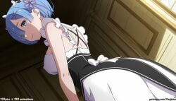 1girl 1girls absurd_res ai_assisted ai_generated anime arched_back arm_at_side ass bangs black_dress blue_eyes blue_hair blush boobs breasts bubble_butt butt cleavage curvaceous curvy curvy_figure detached_sleeves detailed detailed_background dramatic_lighting frilled_dress frills from_below hair_ornament hair_over_one_eye hair_ribbon high_resolution highres hourglass_figure huge_ass huge_butt indoors large_breasts leaning_forward light-skinned_female looking_down low_angle maid maid_headdress maid_outfit patreon patreon_logo patreon_username pink_ribbon re:zero_kara_hajimeru_isekai_seikatsu rem_(re:zero) short_hair sideboob sidelighting smile soft_smile solo sunlight thick_thighs thighs veyluna voluptuous white_apron white_bow white_flower wide_hips window wooden_floor wooden_wall x_hair_ornament