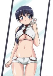 black_hair blue_eyes blush braid breasts broken_blade cellphone cleavage_cutout cleo_saubraffe covered_nipples crop_top female hair_over_shoulder halter_top halterneck holding large_breasts long_hair midriff mirror navel phone self_shot shiny shiny_skin short_shorts shorts smartphone solo standing underboob wanyan_aguda white_shorts