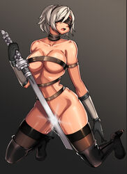 beltbra black_gloves blindfold boots bottomless breasts clydethemouse convenient_censoring covered_eyes detached_collar female full_body gloves high_heel_boots high_heels kneeling large_breasts nier nier:_automata pussy_juice silver_hair solo sword thigh_boots thighhighs thighhighs_under_boots vambraces weapon yorha_2b