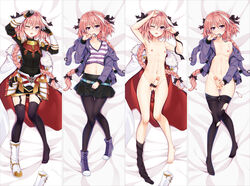 1boy armor armored_dress astolfo_(fate) bakugadou balls ballsack black_bow black_dress black_legwear black_skirt blush boots bow braided_hair cape cock_ring_(decorative) cum dakimakura dress erection fate/apocrypha fate_(series) femboy garter_straps hair_intakes hair_ribbon hood hoodie human long_hair_male long_sleeves looking_at_viewer lying male male_nipples male_only masturbation midriff miniskirt multicolored_hair navel nude_male on_back open_clothes open_hoodie open_mouth panties panty_pull pantyhose penis penis_ribbon pink_hair purple_eyes ribbon scrotum shaved_crotch shirt skirt smooth_penis smooth_skinned_male solo streaked_hair striped striped_shirt testicles thighhighs thighhighs_pull torn_clothes torn_pantyhose trap underwear