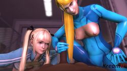 1boy 2girls 3d animated bimbo bodysuit breasts clothed dark-skinned_male dark_skin dead_or_alive female handjob human interracial kreamu larger_female licking_lips male male_pov marie_rose metroid nintendo no_sound nude pov samus_aran sex small_breasts smaller_female straight tagme text track_jacket video watermark zero_suit_samus