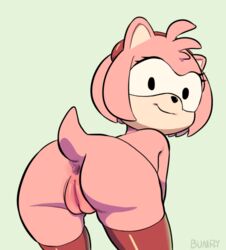 amy_rose anthro anus ass bent_over bumpty eyelashes female furry hairband hedgehog looking_at_viewer looking_back mammal presenting pussy simple_background smile solo sonic_(series) thighhighs