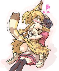 2girls alternate_legwear animal_ears ass black_hair blonde_hair blush clothed clothes clothing cowgirl_position duo female female_only heart hug humanoid kaban_(kemono_friends) kemono_friends multiple_girls no_panties pussy_juice raised_tail seki_(red_shine) serval_(kemono_friends) serval_ears serval_print serval_tail short_hair shorts skirt skirt_lift straddling tail thighhighs yellow_eyes yuri