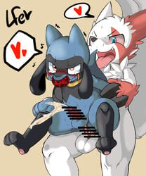 2boys arm_grab ball_gag belly big_tail big_testicles black_fur blue_eyes blue_fur bondage bound brown_background canine censor_bar censored claws collar cum cum_while_penetrated drooling fangs forced furry gag gagged gay half-closed_eyes heart holding interspecies lfer male male_only nintendo no_nipples nude paws penis pokemon pokemon_(species) pokemon_dppt pokemon_rse pokephilia red_eyes red_fur red_sclera riolu saliva sex smile spoken_heart spread_legs standing sweat tail tears testicles text trembling video_games watermark white_fur yaoi zangoose