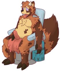 2017 alpha_channel anthro balls belly big_belly biped black_nose bovine brown_fur cattle cow_transformation darkoverord erection fluffy fluffy_tail fur fur_tuft horn hypnosis male mammal marcus_fukuyama mind_control nude open_mouth penis saliva simple_background sitting solo spiral_eyes tan_fur tanuki teats teeth text tongue tongue_out transformation transparent_background tuft udder_balls udders