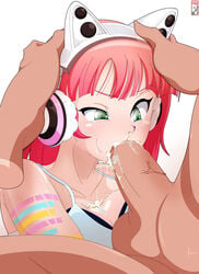 1boy 1girls bangs bare_shoulders blunt_bangs bra bra_cups_sticking_out breasts bwob cleavage clothed_female_nude_male clothing cum cum_in_mouth cum_on_breasts deepthroat fellatio female hands_on_another's_head headphones highres large_breasts male neon_katt oral penis pink_hair rough rwby tank_top tears twintails uncensored unseen_male_face