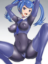 blue_angel blue_eyes blue_hair breasts canon curvy female hajime_shindo large_breasts latex long_hair long_sleeves looking_at_viewer nipples official official_art shiny_skin smile solo thong twintails yu-gi-oh! yuu-gi-ou_vrains zaizen_aoi