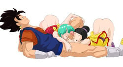 1boy 2girls black_hair blue_hair bulma_briefs cai chichi closed_eyes collaborative_fellatio dragon_ball dragon_ball_z fellatio female large_penis male multiple_girls oral_sex penis sex straight teamwork threesome vegito