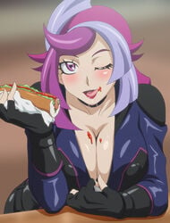 1girls big_breasts bodysuit breasts bush busty cleavage eating emma_bessho female female_only gloves horny hot_dog jumpsuit ketchup large_breasts licking_lips looking_at_viewer makino_tomoyasu pink_eyes public purple_hair seductive short_hair solo teasing tongue_out unzipping voluptuous yu-gi-oh! yuu-gi-ou_vrains