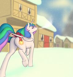 2015 alicorn ass breath cutie_mark equine feathered_wings feathers female feral friendship_is_magic fur hair hi_res hooves horn long_hair looking_at_viewer mammal multicolored_hair multicolored_tail my_little_pony northernsprint outside princess princess_celestia_(mlp) purple_eyes pussy ribbons royalty snow solo tail_bow tail_ribbon underhoof white_feathers white_fur wings