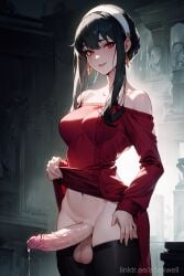 1futa a1exwell ai_generated blush covered_breasts dickgirl dress dripping_cum earrings erect_penis erection futa_only futa_sans_pussy futanari hand_on_hip headband lifting_dress looking_at_viewer penis red_eyes showing_penis smile solo solo_futa spy_x_family stable_diffusion thigh_highs yor_briar yor_forger