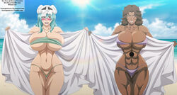 2girls abs arrancar bikini bleach breasts busty cleavage dark-skinned_female dark_skin ero-enzo female female_only femsub hourglass_figure huge_ass huge_breasts mila_rose multiple_girls muscular_female navel nelliel_tu_odelschwanck presenting swimsuit text thick thick_thighs url voluptuous watermark wide_hips