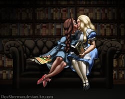 2boys alice_in_wonderland alice_liddell androgynous blonde_hair book brown_hair bulge closed_eyes clothing crossdressing crossover dorothy_gale dovsherman dress eyeshadow femboy girly high_heels kissing library male rule_63 sofa the_wizard_of_oz trap trap_on_trap yaoi