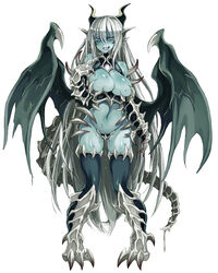 bottomless breasts dragon dragon_girl horns kenkou_cross looking_at_viewer maebari monster_girl monster_girl_encyclopedia no_bra official_art pussy_juice simple_background tagme tail thighhighs white_background wings