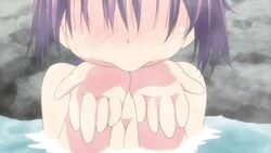 10s 1girls animated blush cum cum_in_hands drinking_cum female gokkun ichigo_chocola_flavor_(queen_bee) onsen purple_hair short_hair solo water