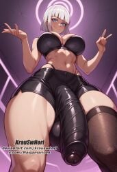 big_penis bra cum cum_drip cum_on_body cum_on_breasts cum_on_face futa_focus futa_only futanari huge_ass huge_breast huge_butt huge_cock krauswnori latex_clothing latex_suit stripper_pole