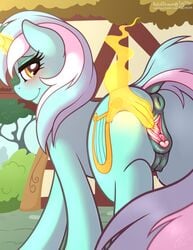 absurd_res anatomically_correct anatomically_correct_pussy animal_genitalia animal_pussy anus ass blush clitoris crotchboobs cutie_mark dock equine equine_pussy female feral friendship_is_magic hair hi_res looking_at_viewer lyra_heartstrings_(mlp) mammal multicolored_hair my_little_pony outside pussy pussy_juice ratofdrawn smile solo two_tone_hair