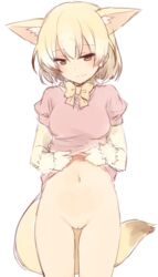 animal_ears blonde_hair blush bottomless bow bowtie brown_eyes commentary_request cowboy_shot female fennec_(kemono_friends) fox_ears fox_tail kemono_friends lifted_by_self light_smile looking_at_viewer navel petite pussy shirt_lift short_hair simple_background sketch solo tail thigh_gap u_(nijie2768) uncensored white_background