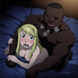 abasta ai_generated blonde_female blonde_hair blush breasts completely_naked completely_nude dark-skinned_male fullmetal_alchemist light-skinned_female muscular_male surprised surprised_expression winry_rockbell